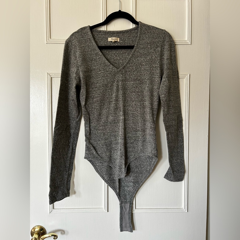 Gray V-Neck Long Sleeve Bodysuit